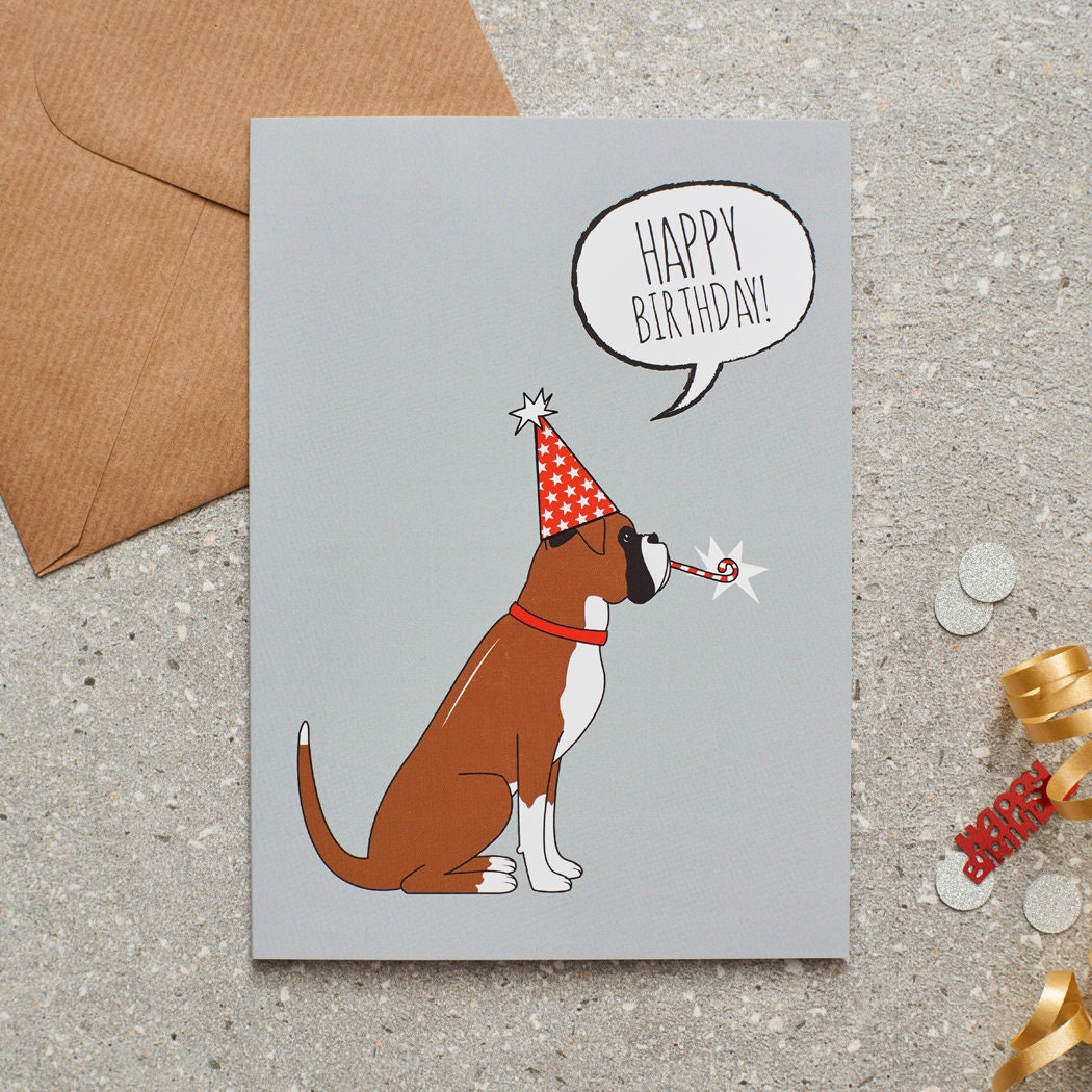Boxer birthday card with illustrated dog design — blank inside, FSC-certified, designed and made in England by Sweet William Designs