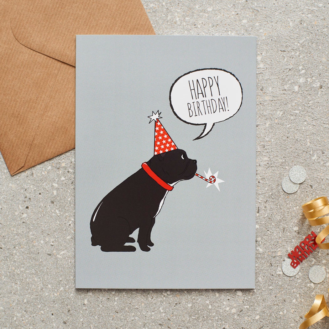 French Bulldog birthday card with illustrated dog design — blank inside, FSC-certified, designed and made in England by Sweet William Designs