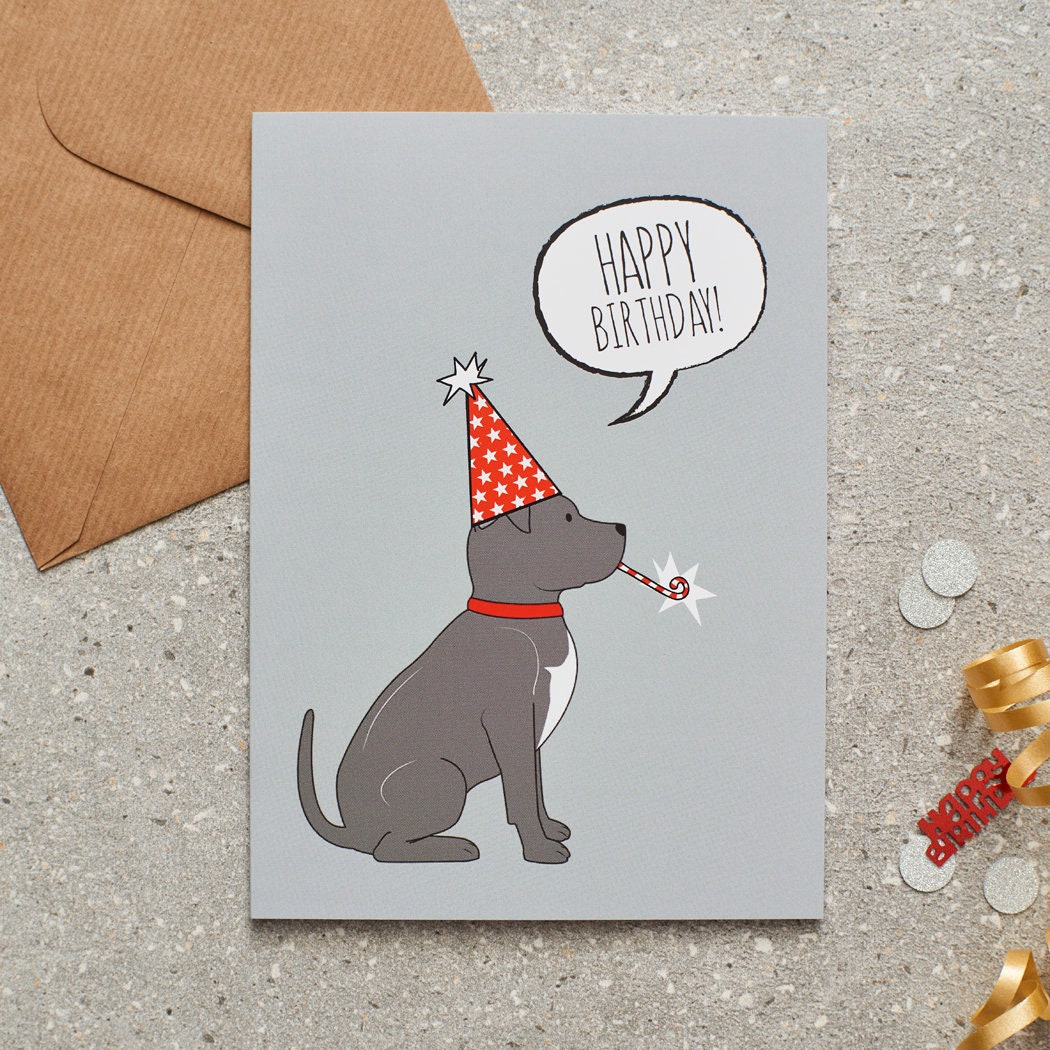 Staffie birthday card with illustrated dog design — blank inside, FSC-certified, designed and made in England by Sweet William Designs