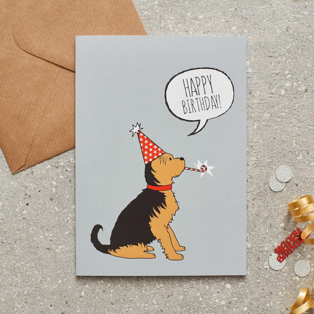 Yorkshire Terrier birthday card with illustrated dog design — blank inside, FSC-certified, designed and made in England by Sweet William Designs