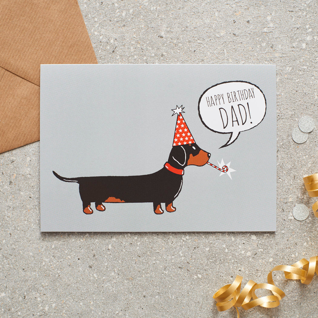 Dachshund ‘Happy Birthday Dad’ card featuring a Daxie in a party hat, a lovely choice for Dachshund-loving dads by Sweet William Designs