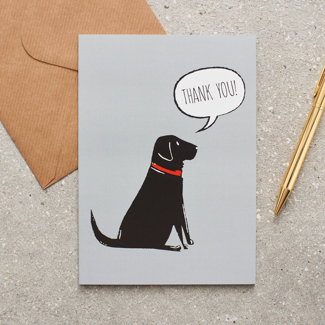 Black Labrador thank you card featuring a charming illustrated Black Lab with a red collar and a ‘Thank You!’ message, a lovely way to show a dog lover your appreciation