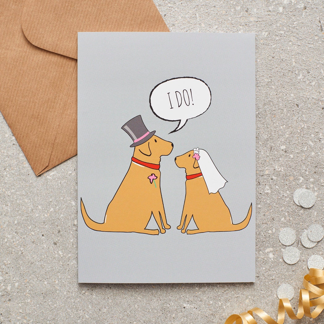 Fox Red Labrador wedding card featuring a charming bride and groom with an ‘I DO!’ message, perfect for celebrating a dog-loving couple’s special day