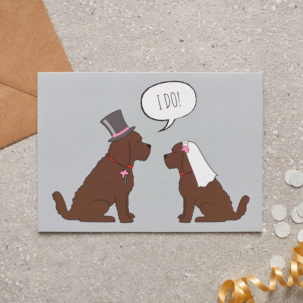 Chocolate Cockapoo / Labradoodle wedding card featuring a charming bride and groom with an ‘I DO!’ message, perfect for celebrating a dog-loving couple’s special day