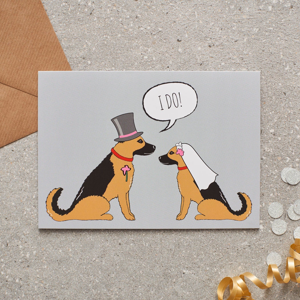 German Shepherd wedding card featuring a charming bride and groom with an ‘I DO!’ message, perfect for celebrating a dog-loving couple’s special day