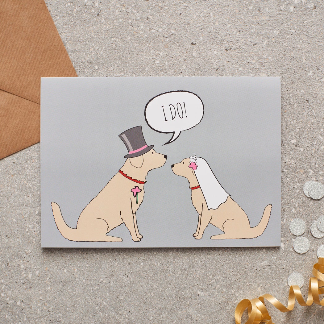 Golden Retriever wedding card featuring a charming bride and groom with an ‘I DO!’ message, perfect for celebrating a dog-loving couple’s special day
