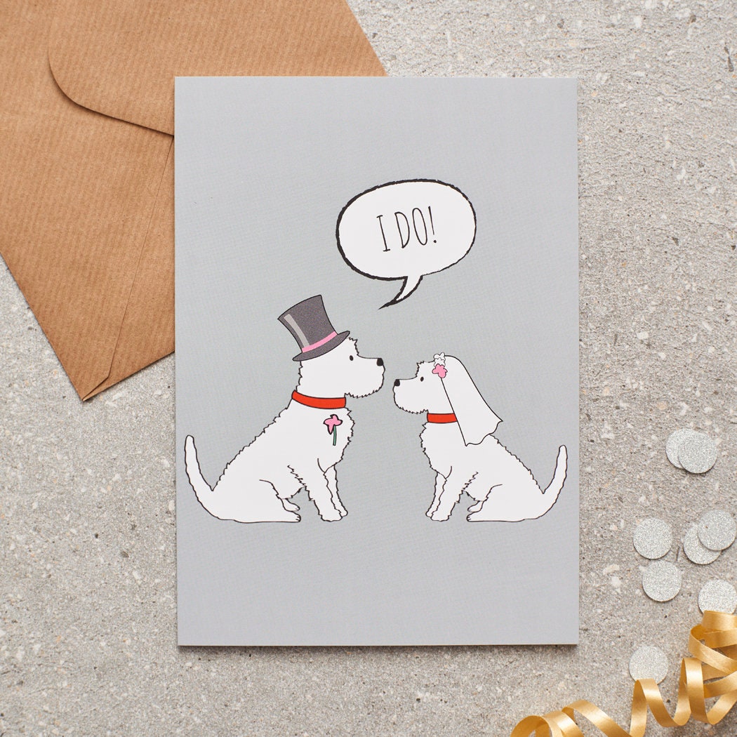 Westie wedding card featuring a charming bride and groom with an ‘I DO!’ message, perfect for celebrating a dog-loving couple’s special day