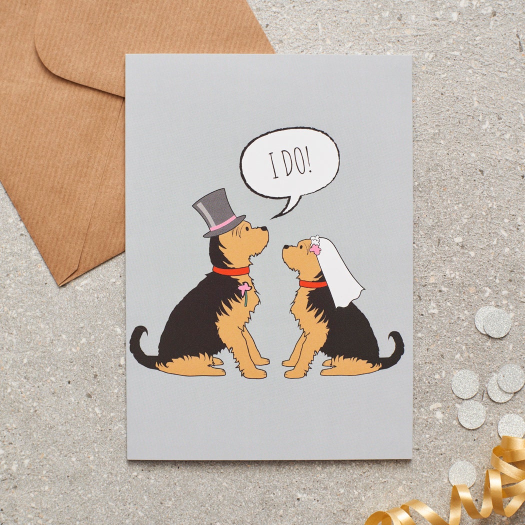 Yorkshire Terrier wedding card featuring a charming bride and groom with an ‘I DO!’ message, perfect for celebrating a dog-loving couple’s special day