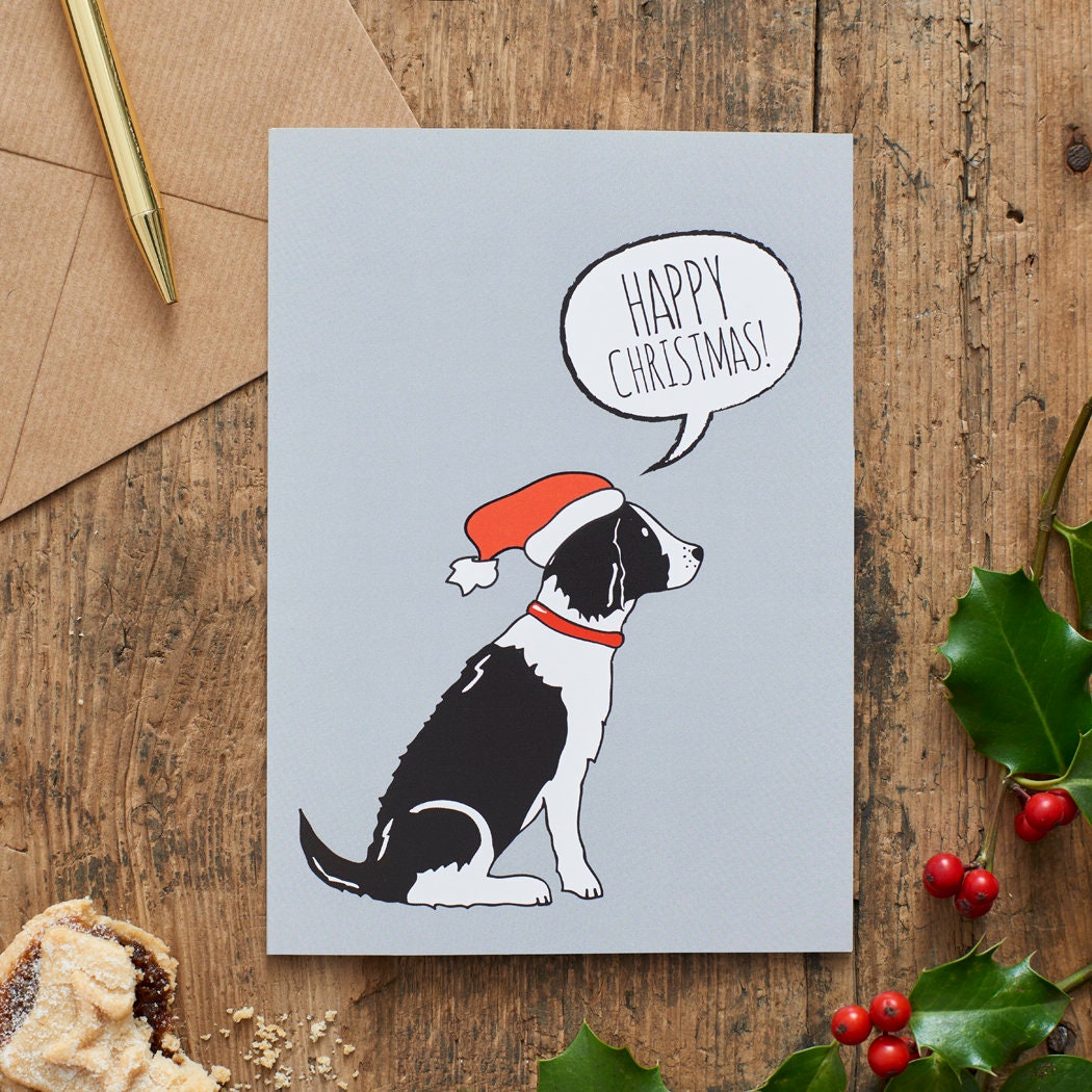 Black & White Springer Spaniel Christmas Card — illustrated dog lover greeting card by Sweet William Designs