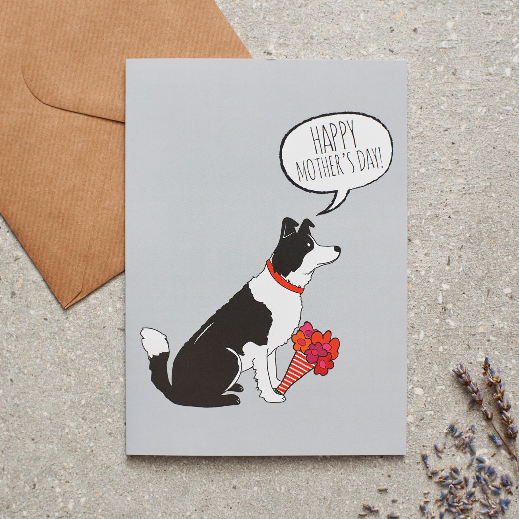 Border Collie Mother's Day card featuring illustrated Border Collie holding flowers — blank inside, supplied with kraft envelope, by Sweet William Designs
