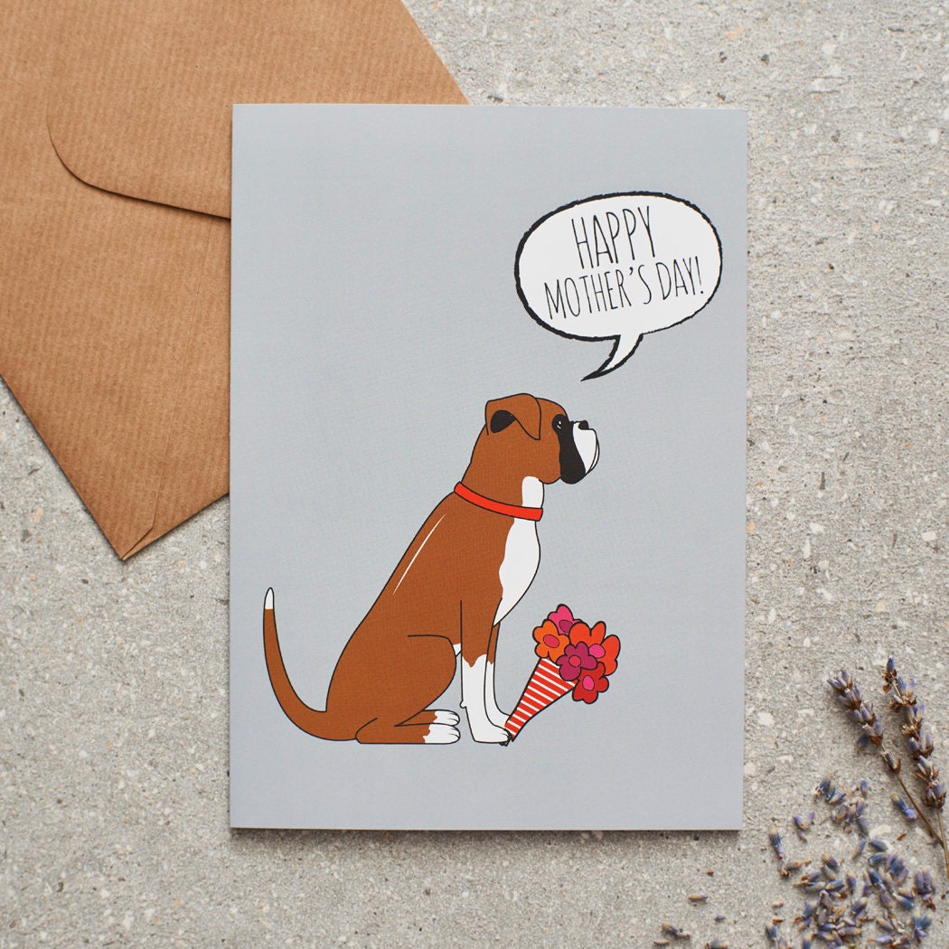 Boxer Mother's Day card featuring illustrated Boxer holding flowers — blank inside, supplied with kraft envelope, by Sweet William Designs