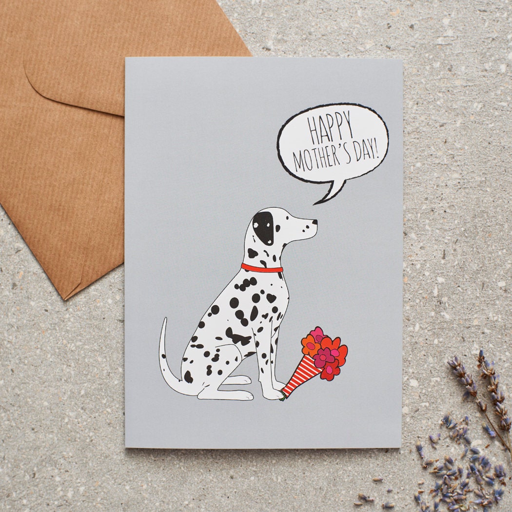 Dalmatian Mother's Day card featuring illustrated Dalmatian holding flowers — blank inside with optional handwritten message, perfect gift for dog mums