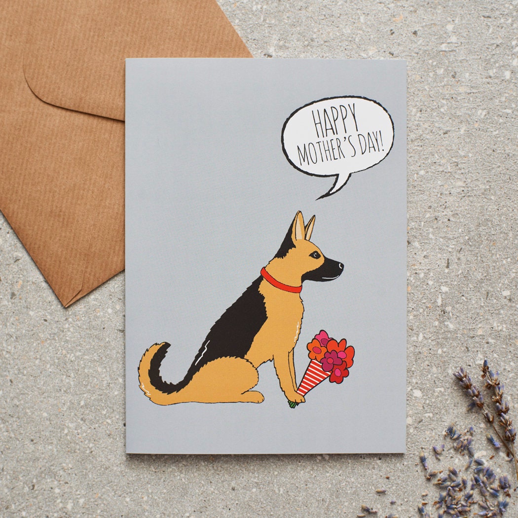 German Shepherd Mother's Day card featuring illustrated German Shepherd holding flowers — blank inside with optional handwritten message, perfect gift for dog mums