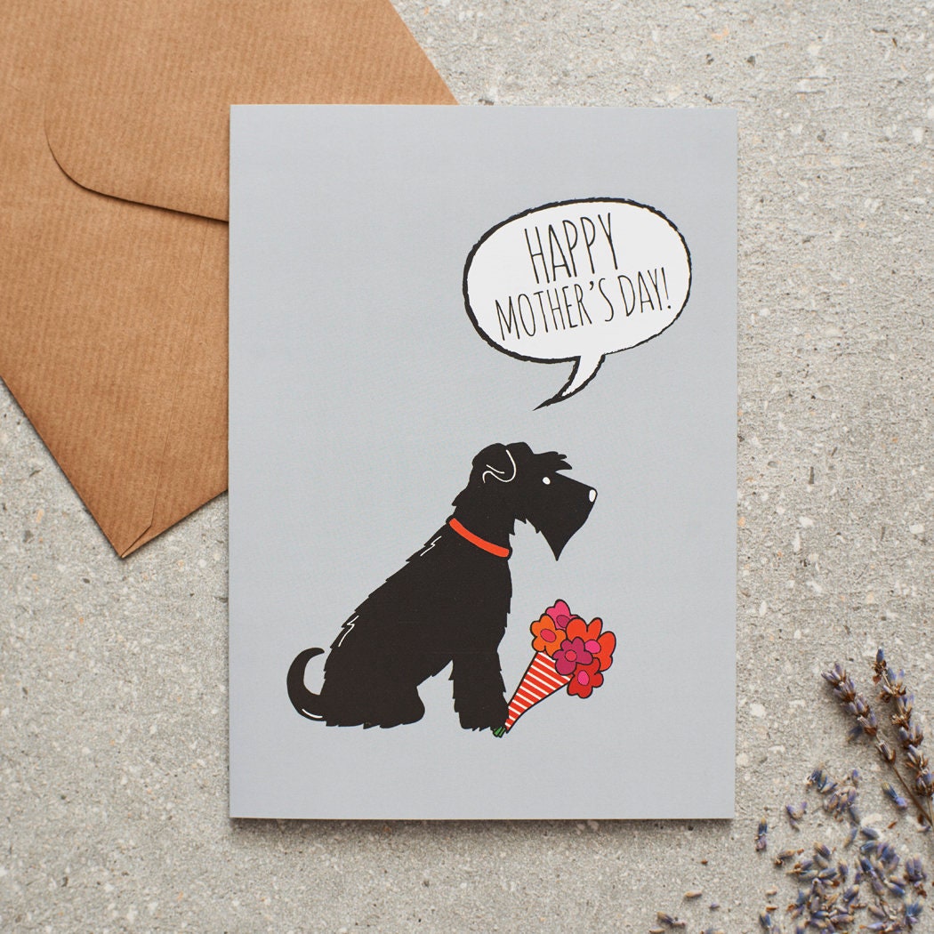 Black Schnauzer Mother's Day card featuring illustrated Black Schnauzer holding flowers — blank inside with optional handwritten message, perfect gift for dog mums