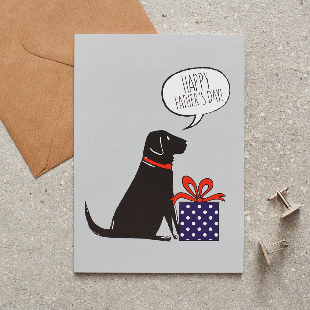 Black Labrador Father's Day card with illustrated dog holding a gift — dog lover greeting card by Sweet William Designs