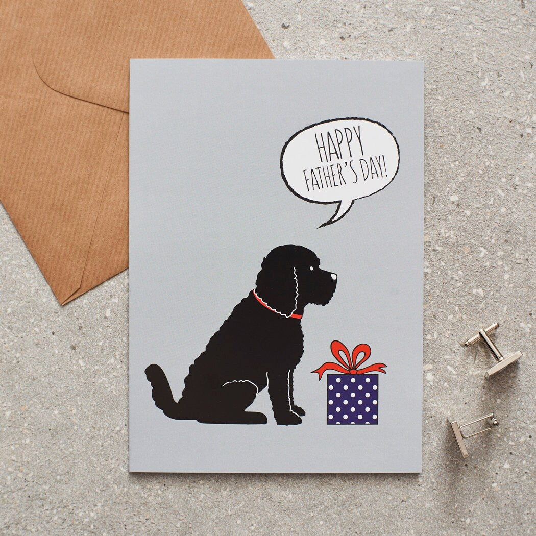 Cockapoo / Labradoodle (Black) Father's Day card — illustrated dog with gift and 'Happy Father's Day' message, dog lover gift by Sweet William Designs
