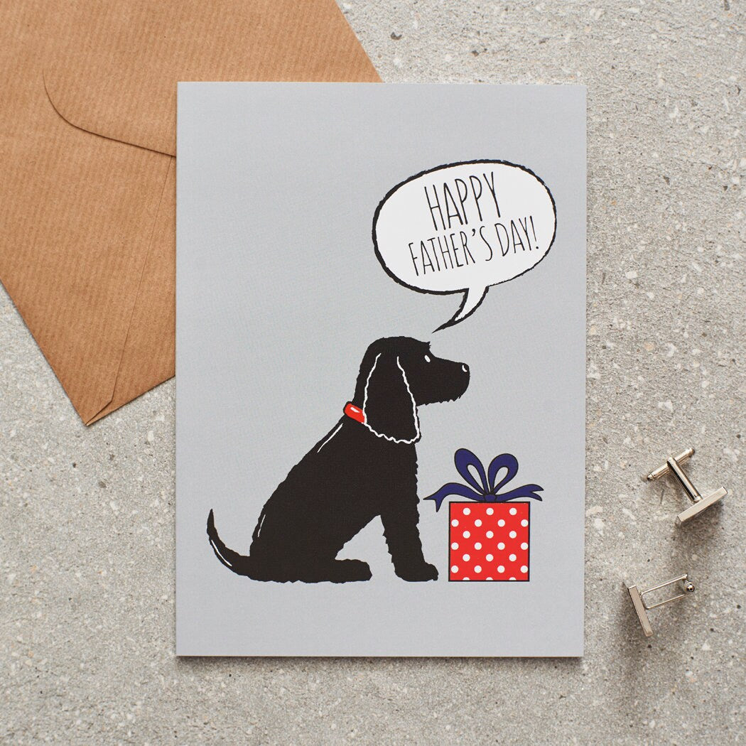 Cocker Spaniel (Black) Father's Day card — illustrated dog with gift and 'Happy Father's Day' message, dog lover gift by Sweet William Designs