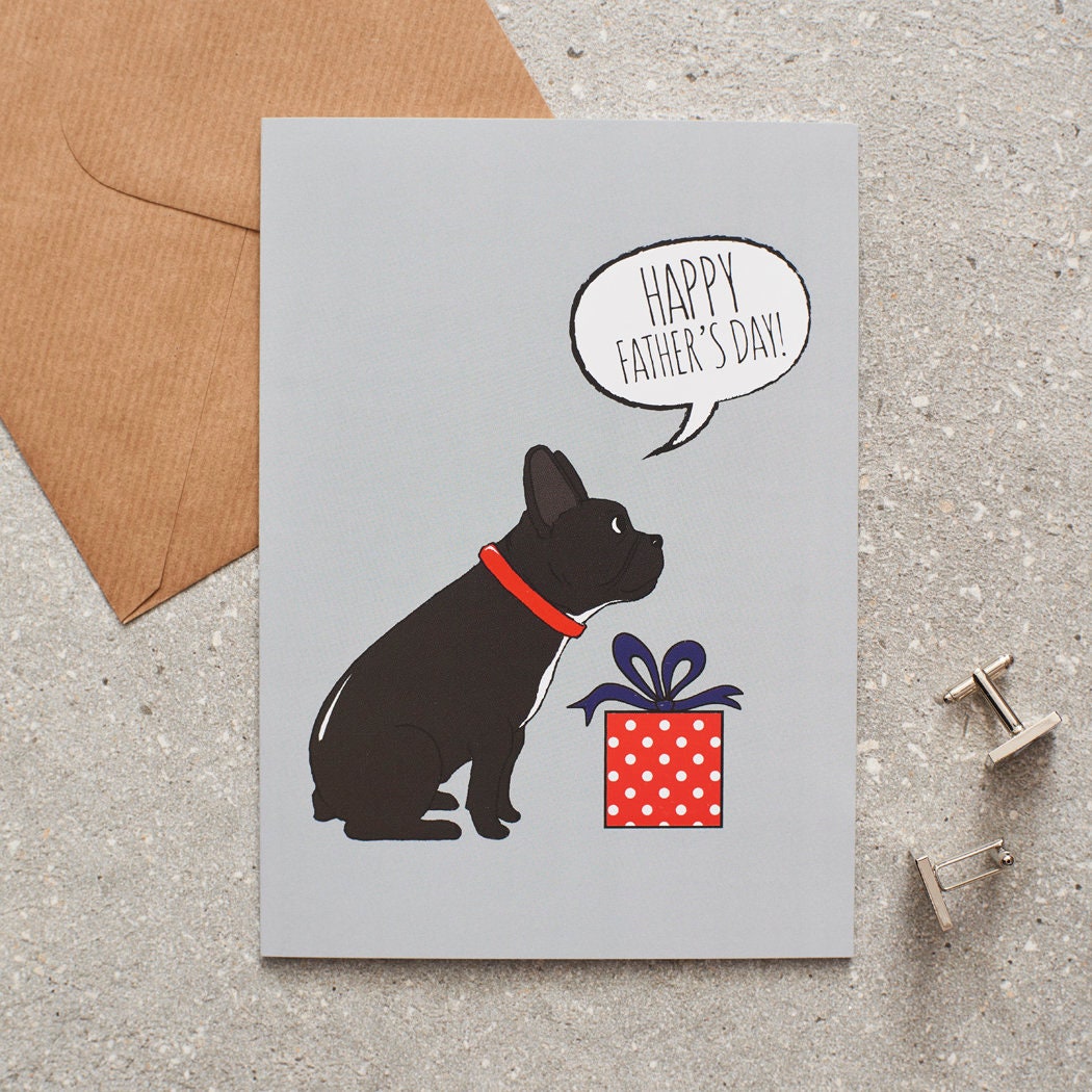 French Bulldog Father's Day card — illustrated dog with gift and 'Happy Father's Day' message, dog lover gift by Sweet William Designs