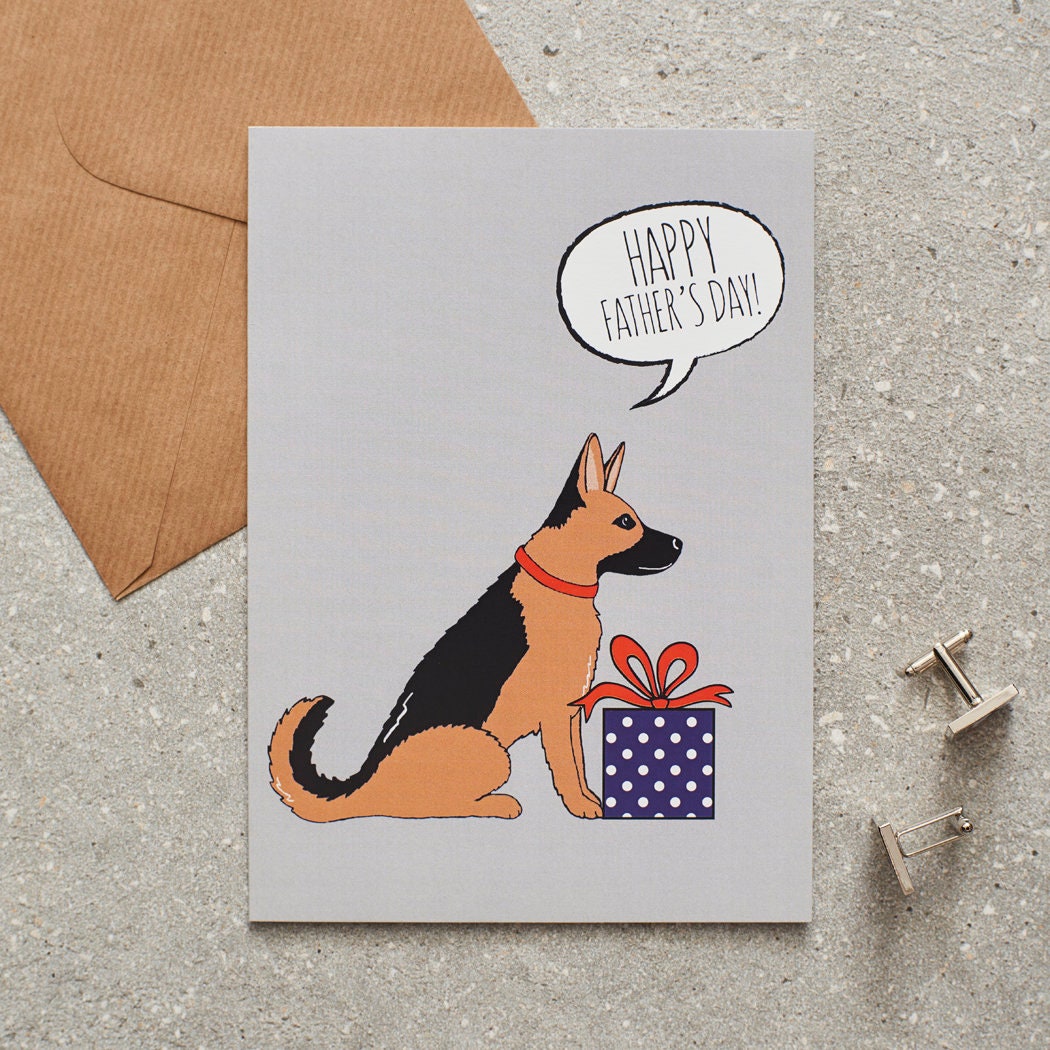 German Shepherd Father's Day card — illustrated dog with gift and 'Happy Father's Day' message, dog lover gift by Sweet William Designs