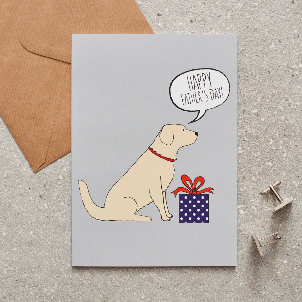 Golden Retriever Father's Day card — illustrated dog with gift and 'Happy Father's Day' message, dog lover gift by Sweet William Designs