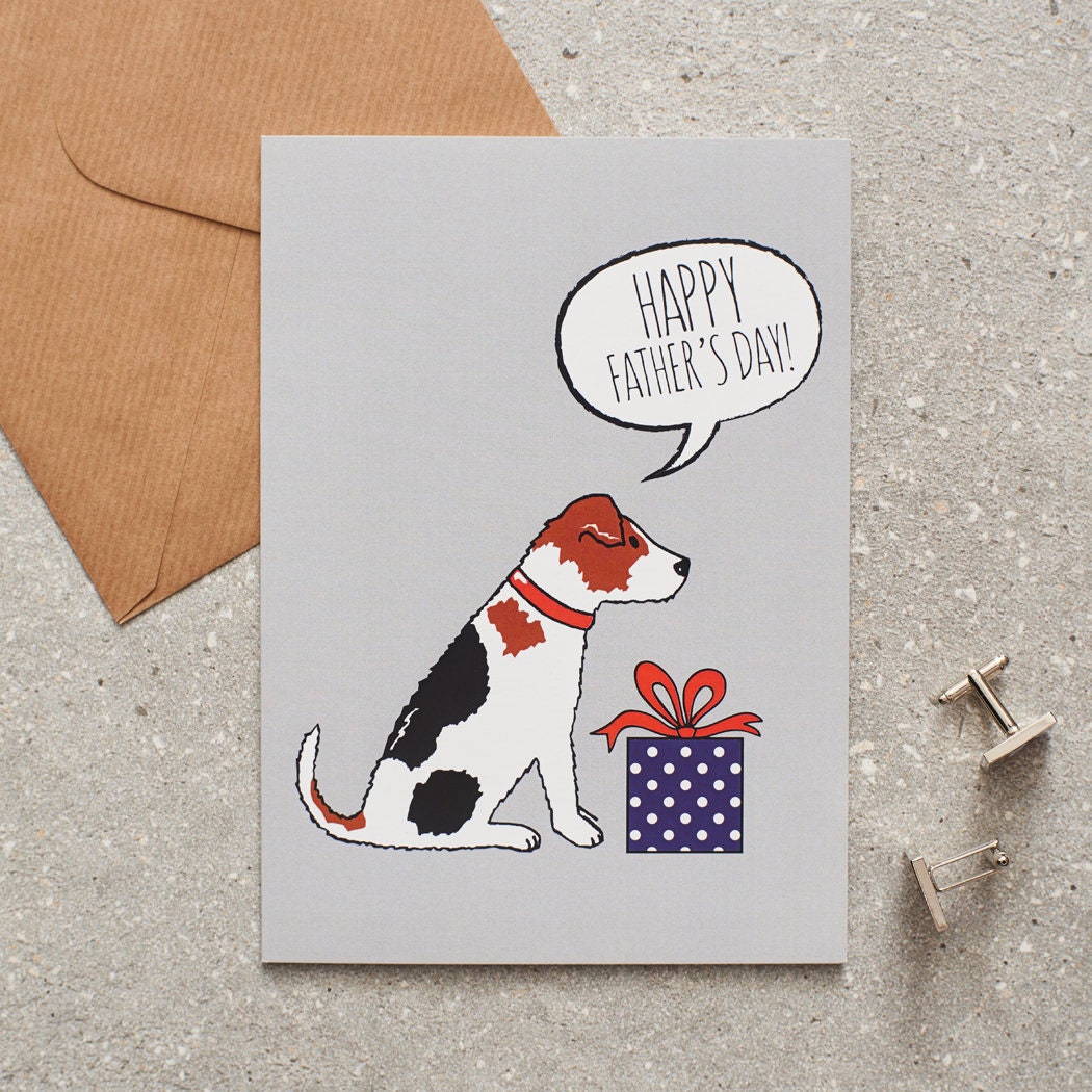 Jack Russell Father's Day card — illustrated dog with gift and 'Happy Father's Day' message, dog lover gift by Sweet William Designs