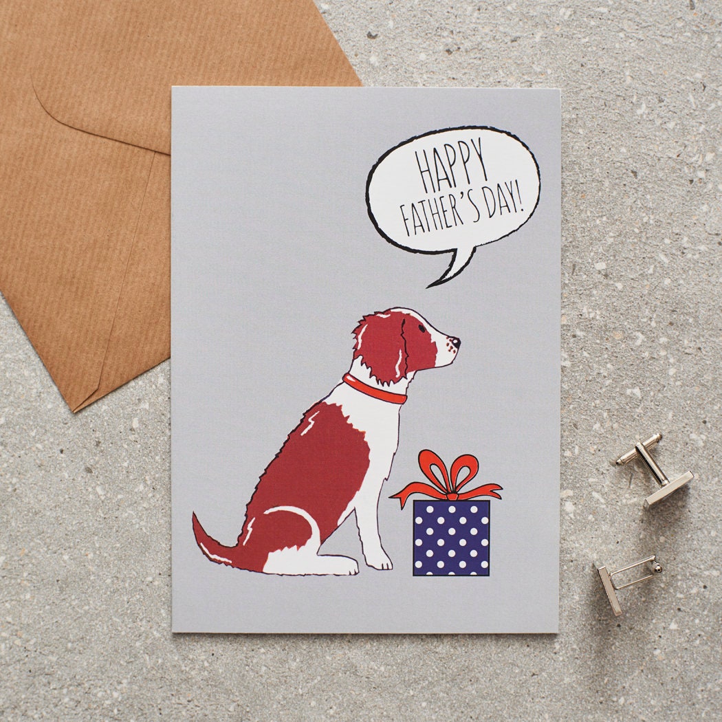 Springer Spaniel (Liver & White) Father's Day card — illustrated dog with gift and 'Happy Father's Day' message, dog lover gift by Sweet William Designs