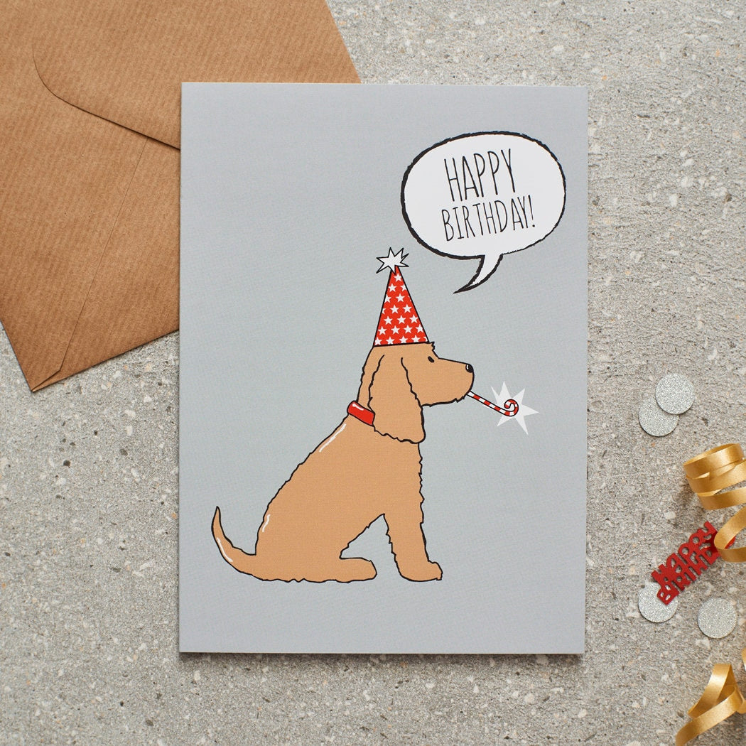 Golden Cocker Spaniel birthday card with illustrated dog design — blank inside, FSC-certified, designed and made in England by Sweet William Designs