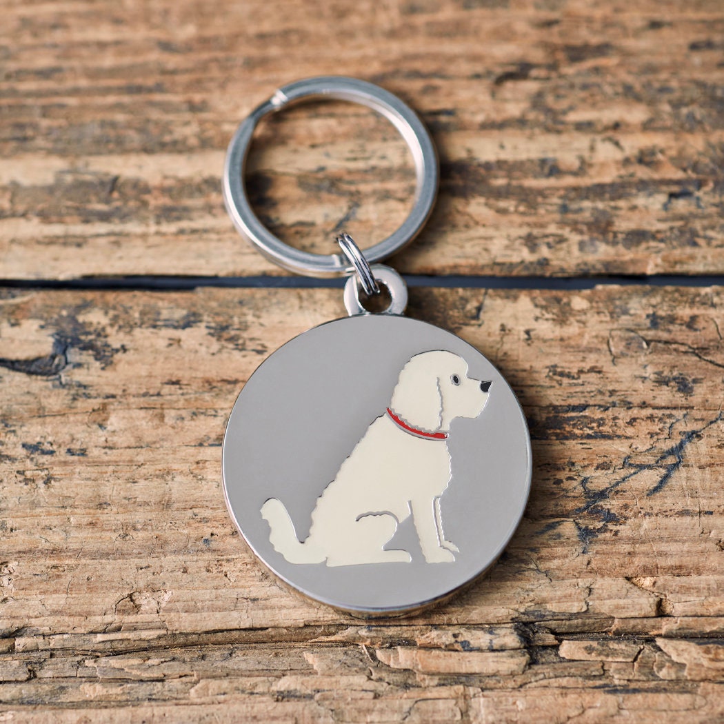 Close-up of Apricot Cockapoo / Labradoodle dog tag — silver-plated brass with illustrated Cockapoo design, personalised dog ID tag by Sweet William Designs