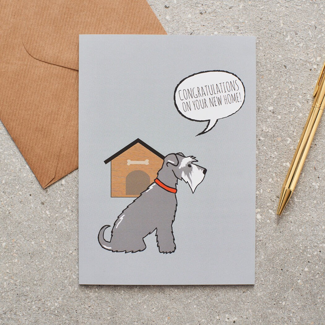 Grey Schnauzer New Home card — illustrated Salt & Pepper Schnauzer with new home wishes, dog lover gift by Sweet William Designs