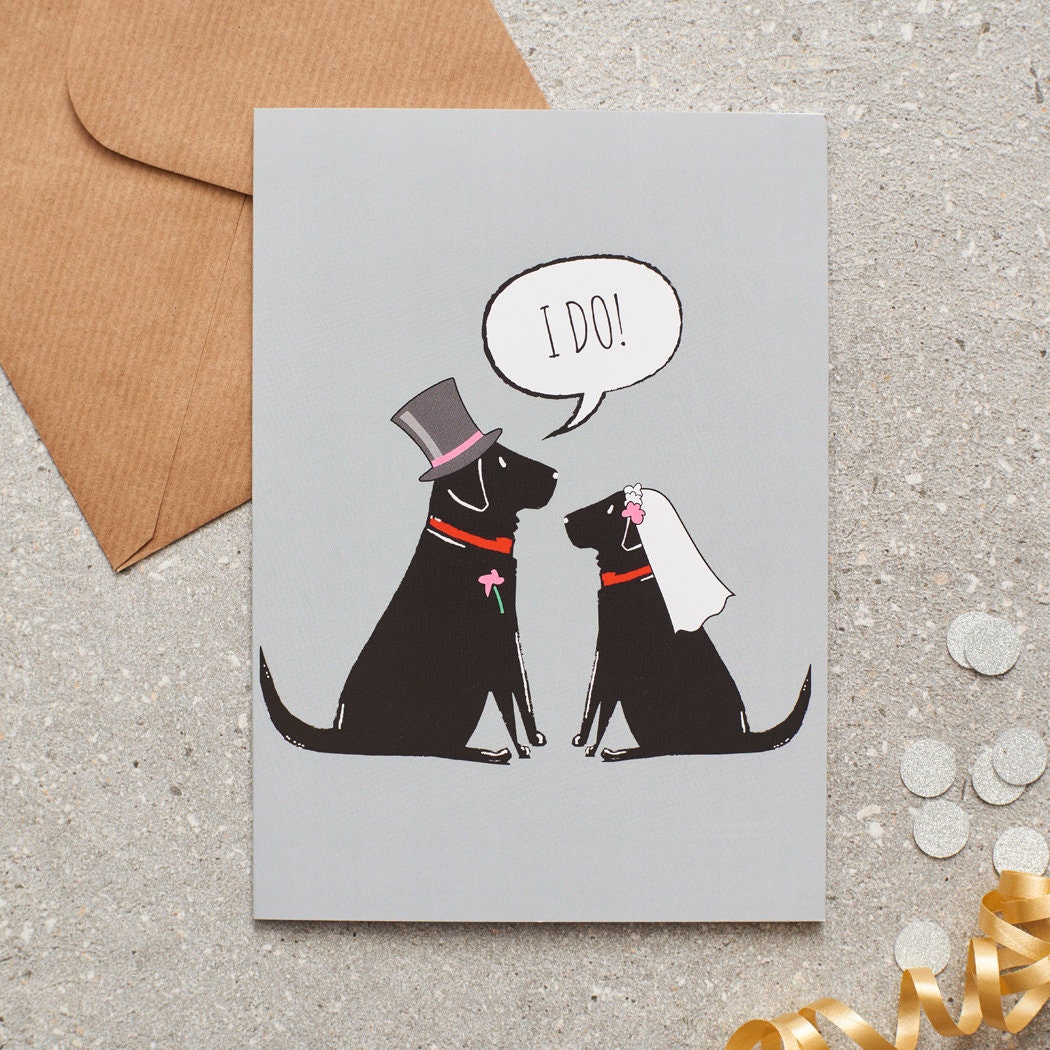 Black Labrador wedding card featuring a charming bride and groom with an ‘I DO!’ message, perfect for celebrating a dog-loving couple’s special day