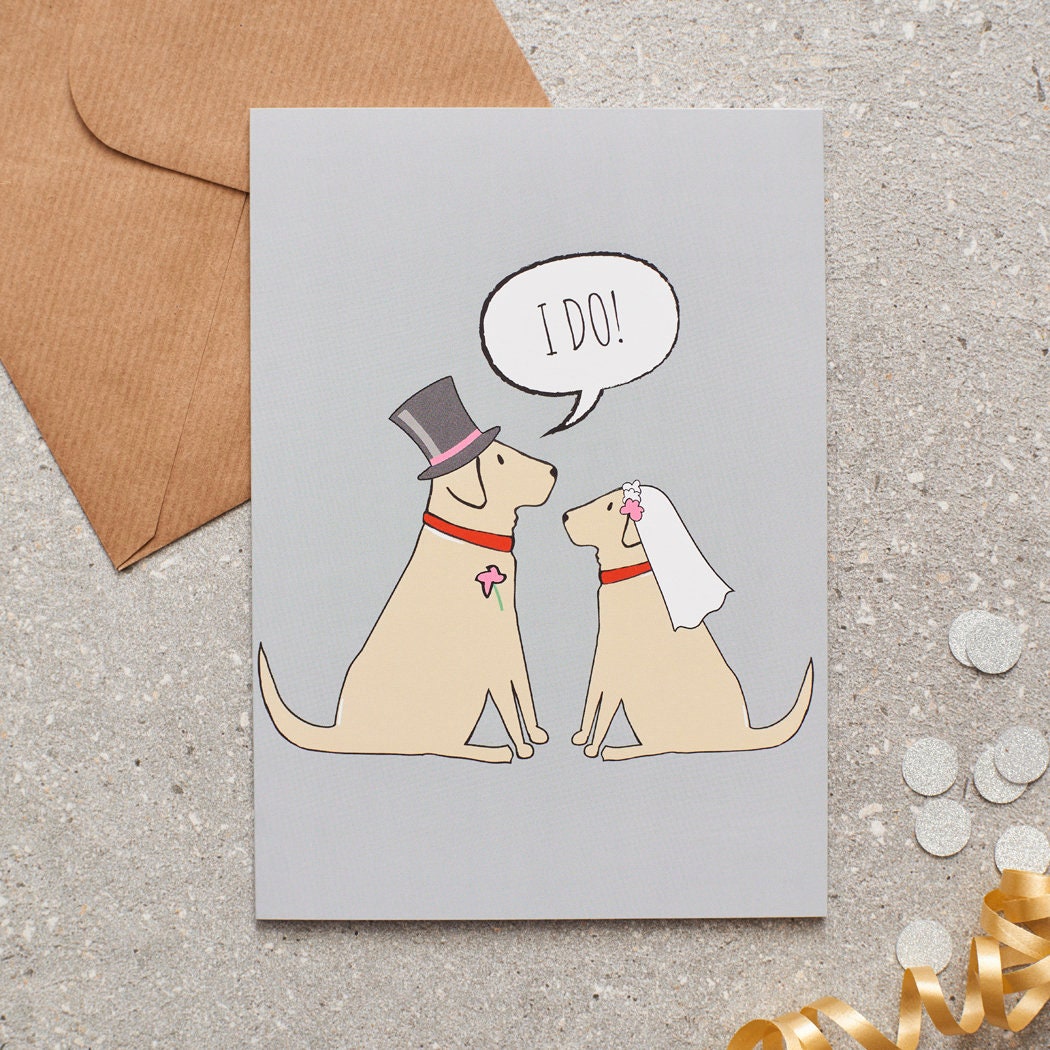 Yellow Labrador wedding card featuring a charming bride and groom with an ‘I DO!’ message, perfect for celebrating a dog-loving couple’s special day
