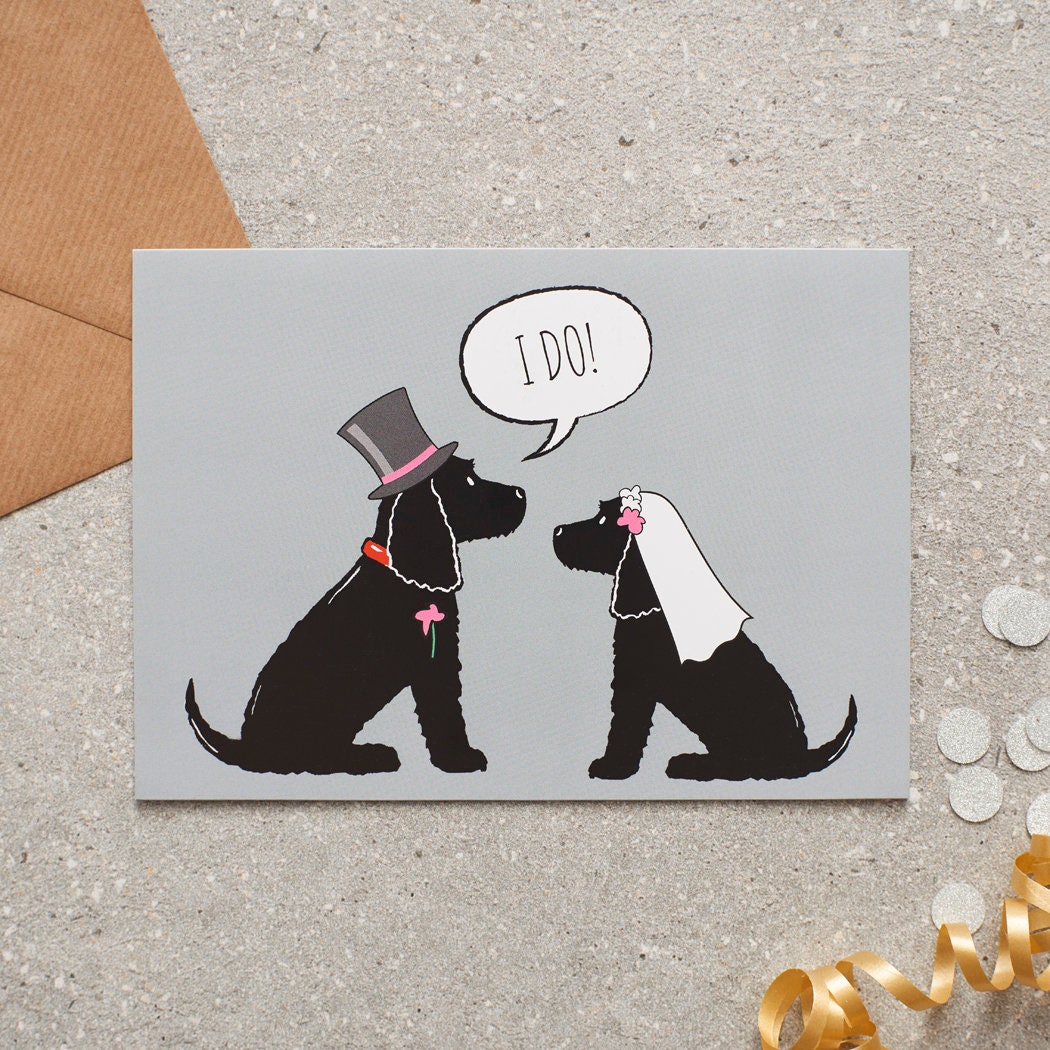 Black Cocker Spaniel wedding card featuring a charming bride and groom with an ‘I DO!’ message, perfect for celebrating a dog-loving couple’s special day