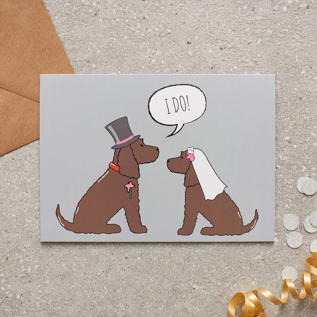 Chocolate Cocker Spaniel wedding card featuring a charming bride and groom with an ‘I DO!’ message, perfect for celebrating a dog-loving couple’s special day