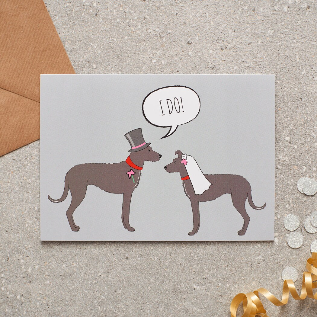 Lurcher wedding card featuring a charming bride and groom with an ‘I DO!’ message, perfect for celebrating a dog-loving couple’s special day