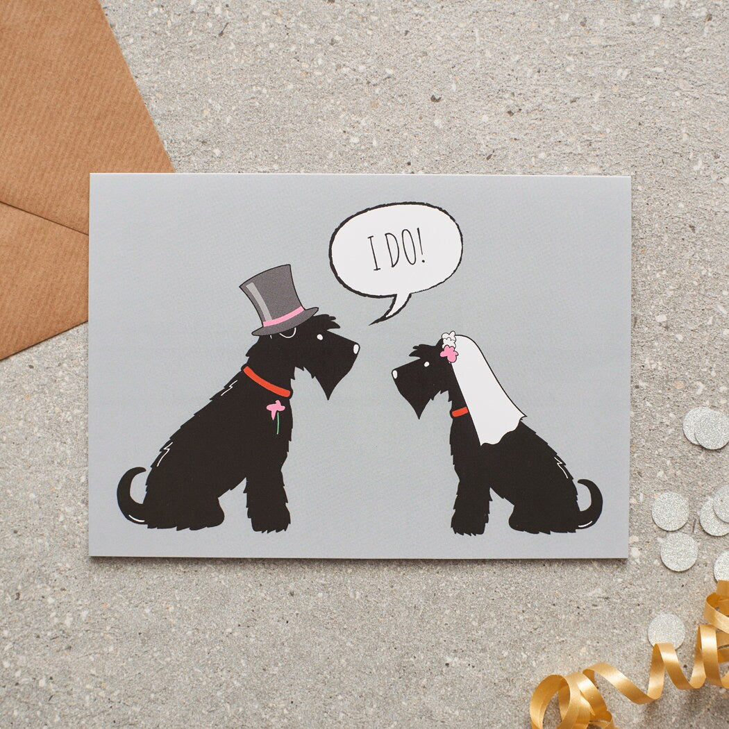 Black Schnauzer wedding card featuring a charming bride and groom with an ‘I DO!’ message, perfect for celebrating a dog-loving couple’s special day