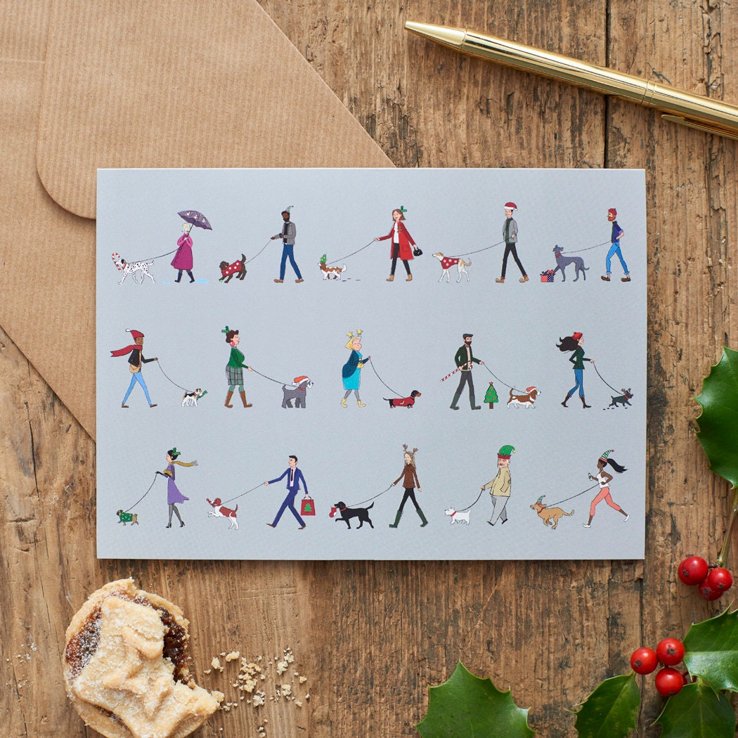 Dog walker Christmas card — illustrated parade of festive dog walkers and their dogs, dog lover Christmas gift by Sweet William Designs