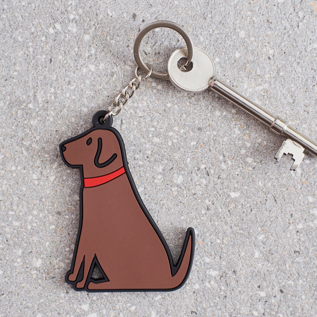 Chocolate Labrador keyring held in hand — personalised double-sided PVC dog lover gift by Sweet William Designs
