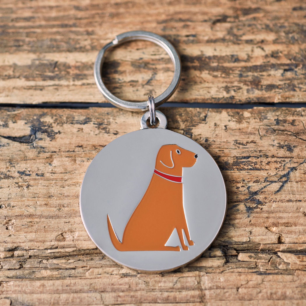 Close-up of Fox Red Labrador dog ID tag — silver-plated brass with illustrated Fox Red Lab design, personalised dog tag by Sweet William Designs