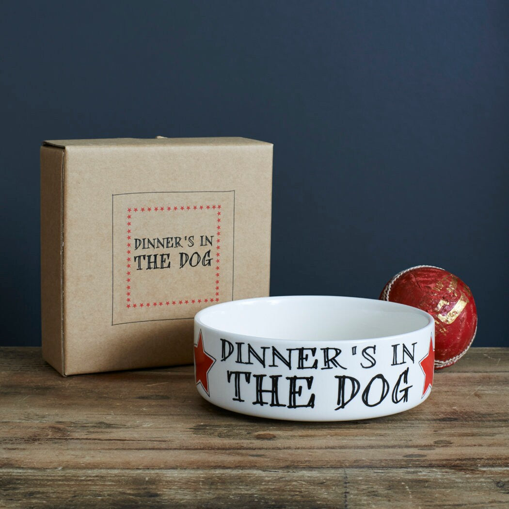 'Dinner's In The Dog' ceramic dog bowl with kraft gift box — dishwasher safe slogan dog bowl, dog lover gift by Sweet William Designs