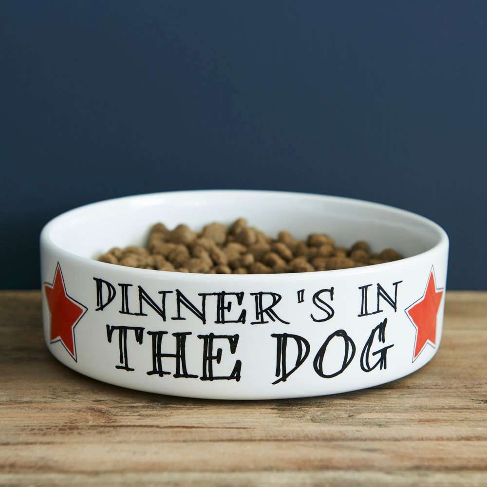 White porcelain “Dinner’s In The Dog” dog bowl with red star accents on a wooden table.