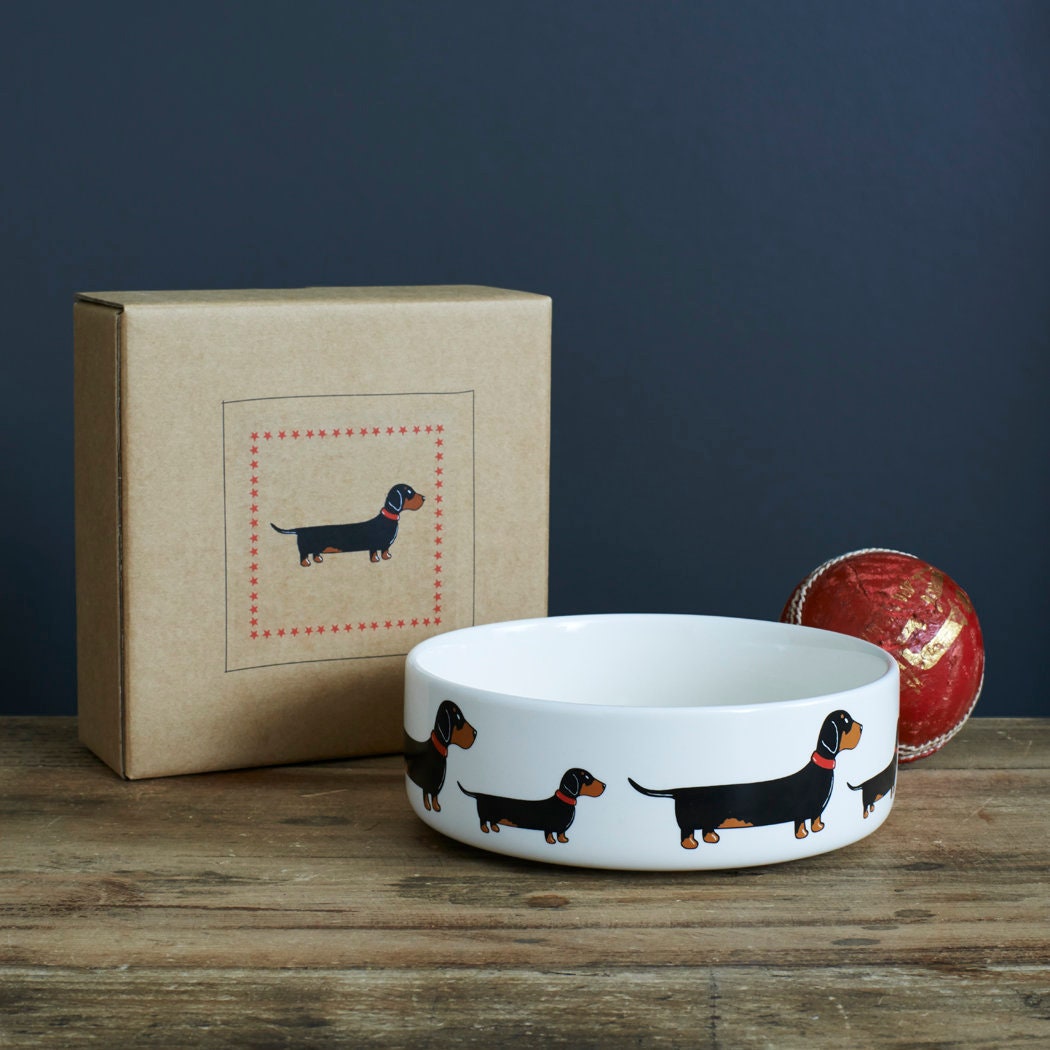 Dachshund dog bowl with kraft gift box — ceramic Dachshund gift by Sweet William Designs