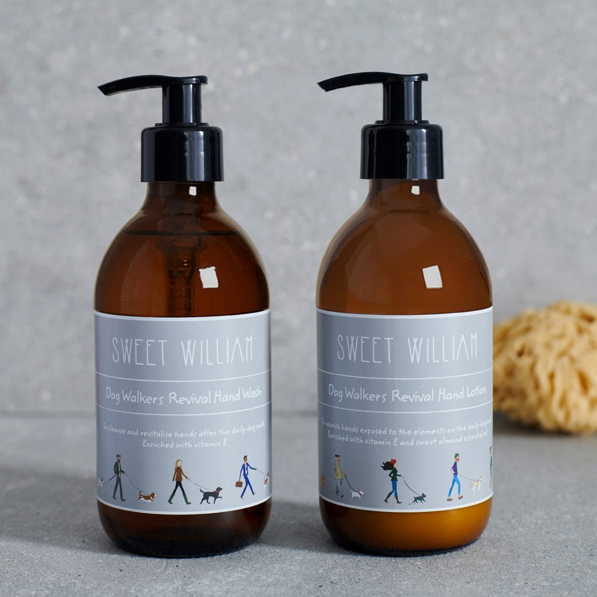 Dog Walkers Revival Hand Wash and Hand Lotion side by side in amber glass bottles — natural hand care duo, dog walker gift set by Sweet William Designs