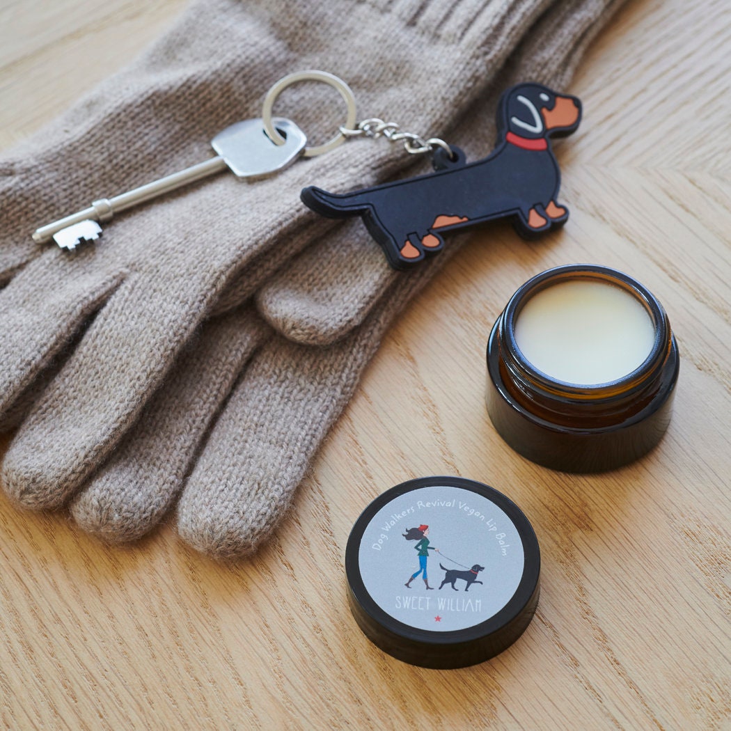 Dog Walkers Revival Vegan Lip Balm with gloves, keys and dachshund keyring — practical gift for dog walkers by Sweet William Designs