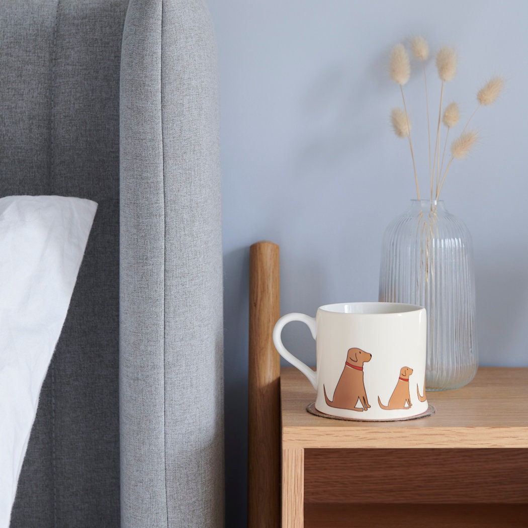 Sweet William Fox Red Labrador Mug on a bedside table — Fox Red Labrador dog lover gift mug