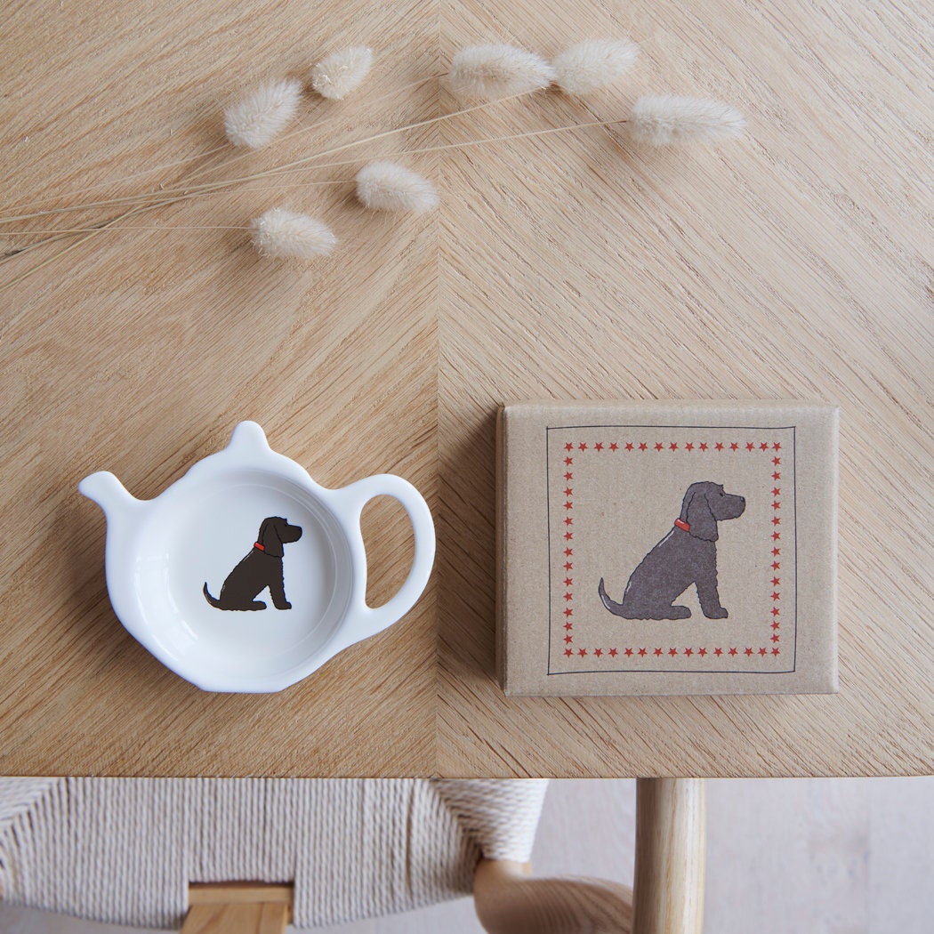 White teapot-shaped Chocolate Cocker Spaniel teabag dish beside its kraft gift box, both featuring a brown Spaniel illustration with a red collar
