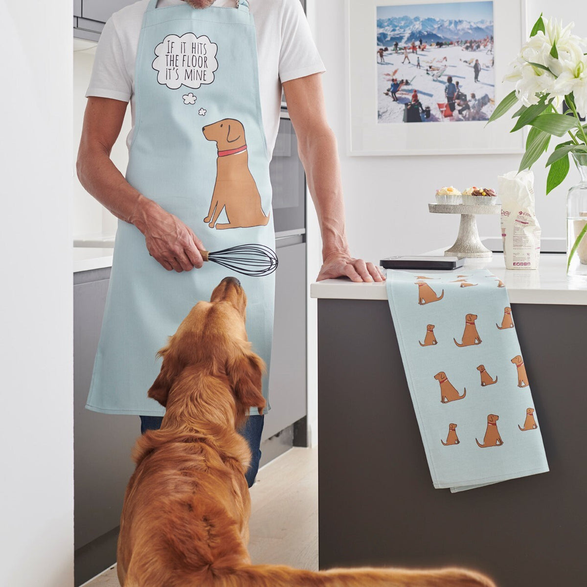 Organic cotton Fox Red Labrador apron and tea towel set, styled with Cooper from Sweet William Designs.