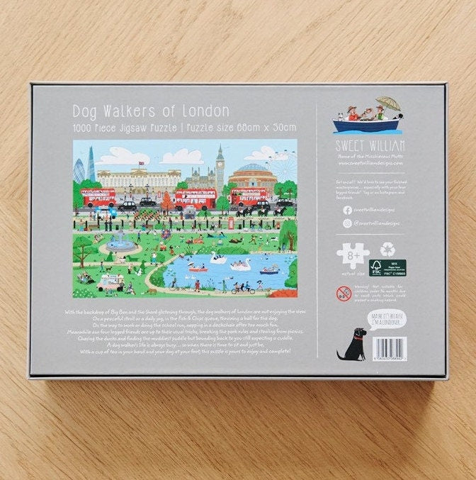 Back of Dog Walkers of London jigsaw puzzle box — 1000 piece puzzle, 68cm x 50cm, by Sweet William Designs