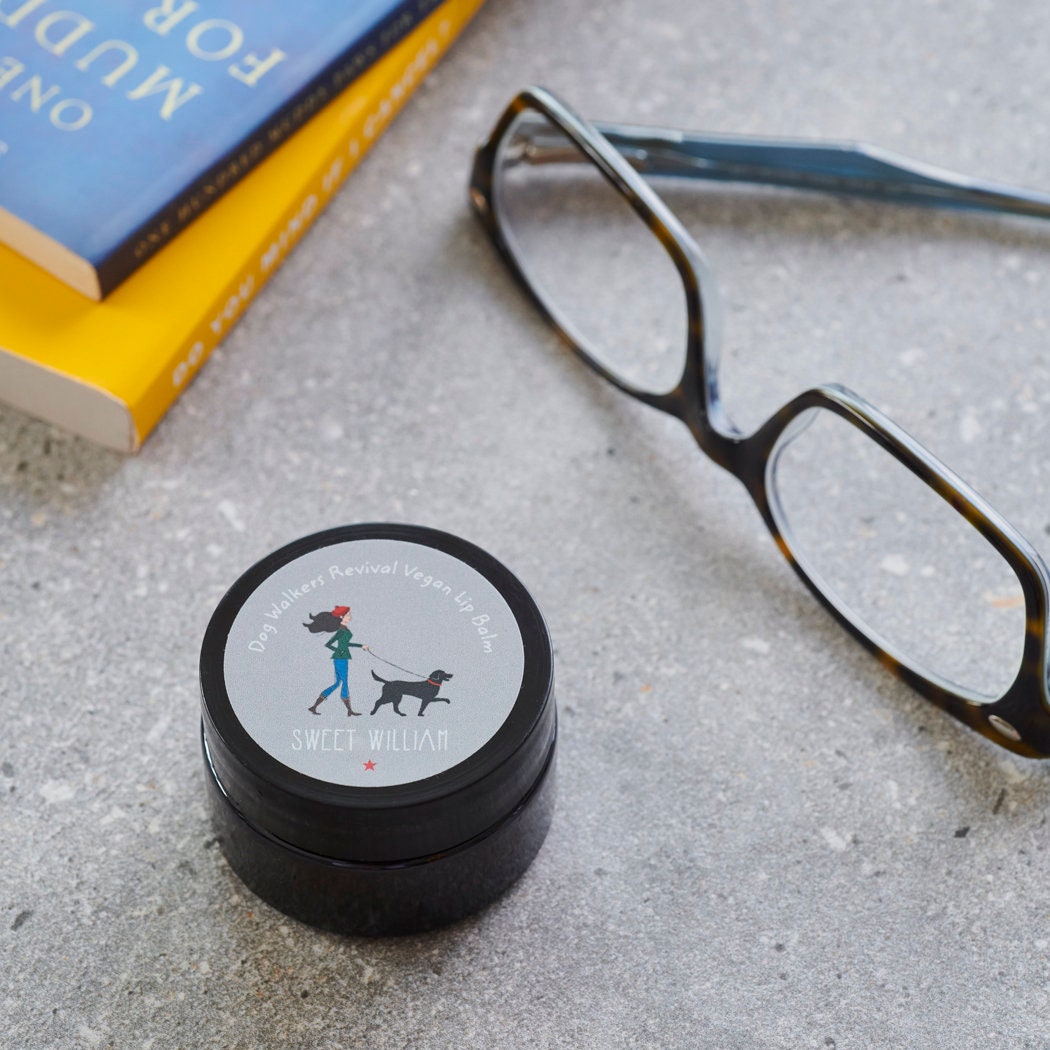 Dog Walkers Revival Vegan Lip Balm pot with books and glasses — natural peppermint lip balm, dog lover gift by Sweet William Designs