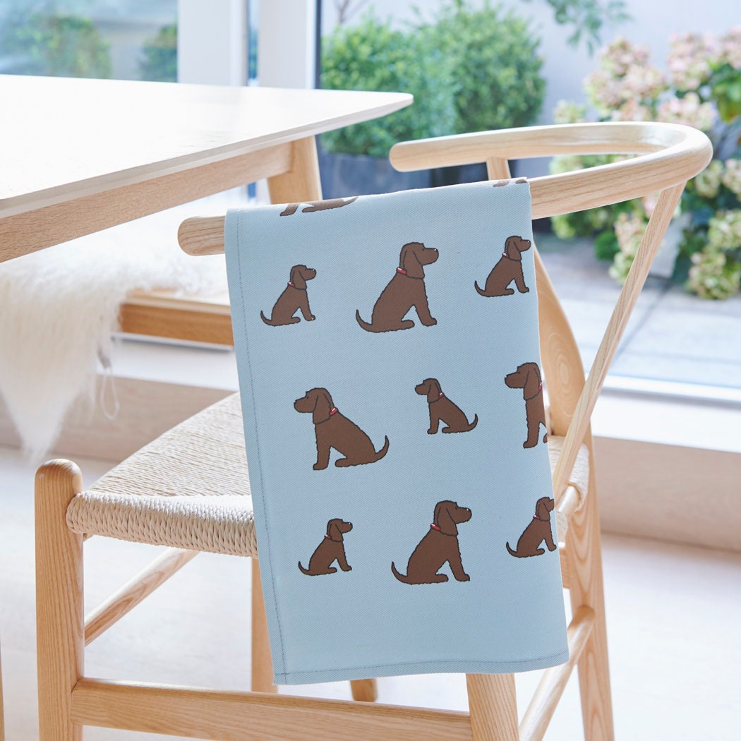 Chocolate Cocker Spaniel tea towel in thick organic cotton — screen printed Chocolate Cocker Spaniel illustration, kitchen gift for dog lovers by Sweet William Designs.