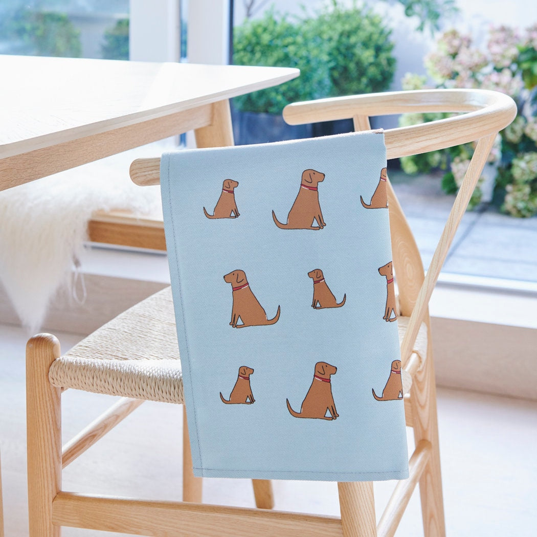 Fox Red Labrador tea towel in thick organic cotton — screen printed Fox Red Labrador illustration, kitchen gift for dog lovers by Sweet William Designs
